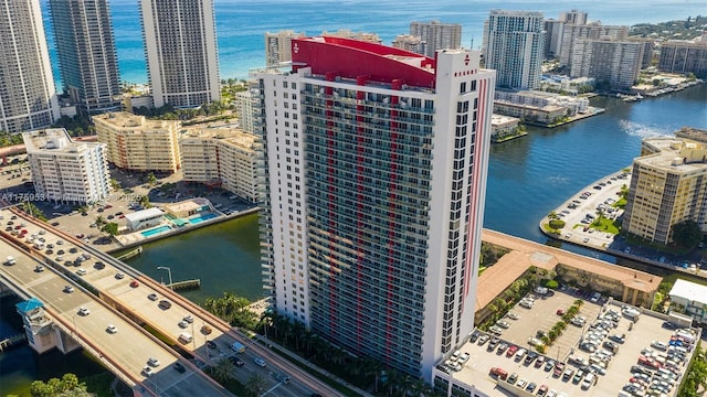 aerial view with a water view and a city view