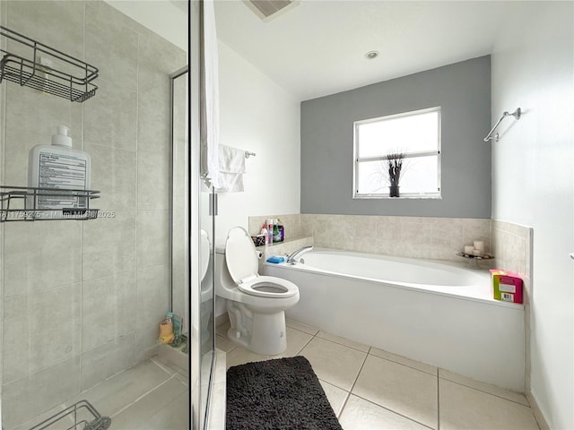 full bath featuring a stall shower, visible vents, toilet, tile patterned floors, and a bath