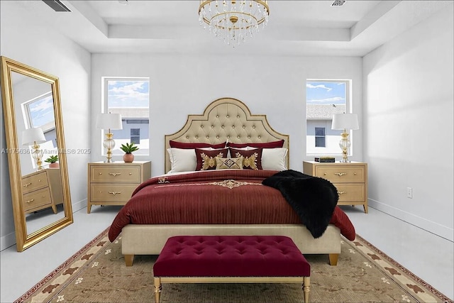 bedroom featuring visible vents, an inviting chandelier, a raised ceiling, and baseboards