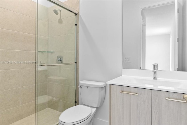 bathroom with vanity, toilet, and a stall shower