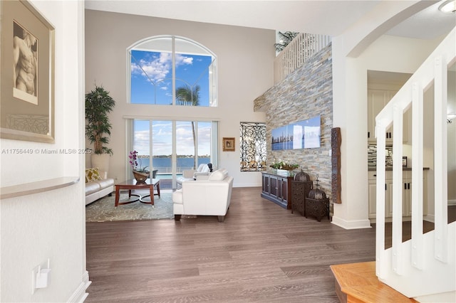 living room with baseboards, arched walkways, a high ceiling, and wood finished floors