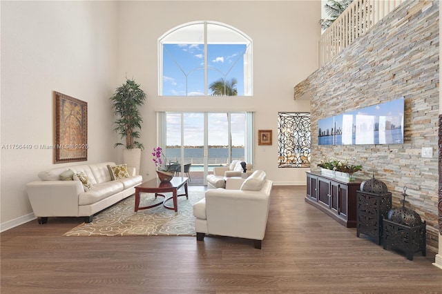 living area with baseboards, a high ceiling, and wood finished floors