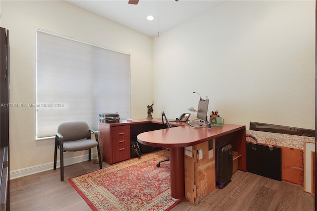 office featuring recessed lighting, baseboards, light wood-style floors, and ceiling fan