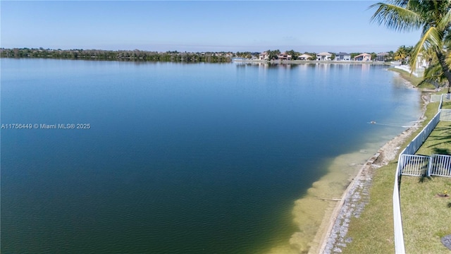 property view of water featuring fence