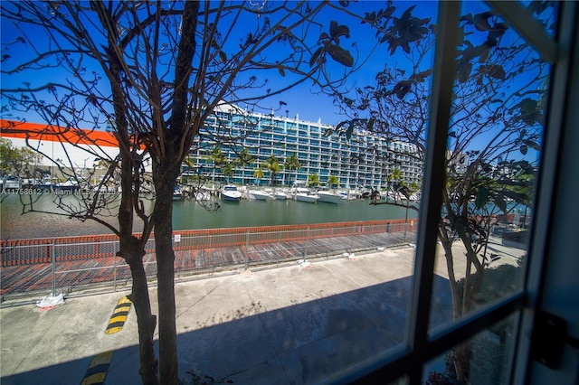 view of water feature with fence