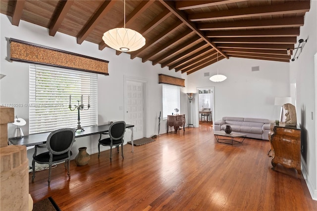 living area featuring high vaulted ceiling, beamed ceiling, wood finished floors, and wood ceiling