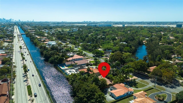 drone / aerial view featuring a water view