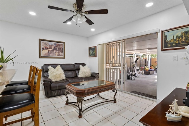 7801 SW 9th Ter, Miami, FL 33144 - living area featuring recessed lighting, light tile patterned floors, and a ceiling fan