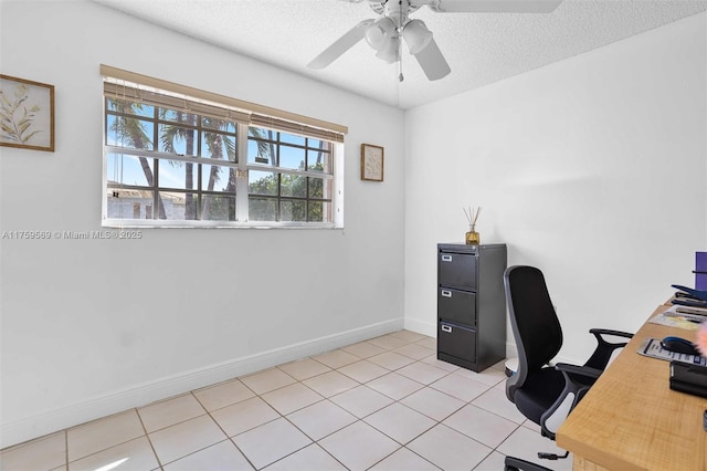 7801 SW 9th Ter, Miami, FL 33144 - office area with light tile patterned flooring, a ceiling fan, baseboards, and a textured ceiling