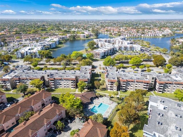 aerial view featuring a water view