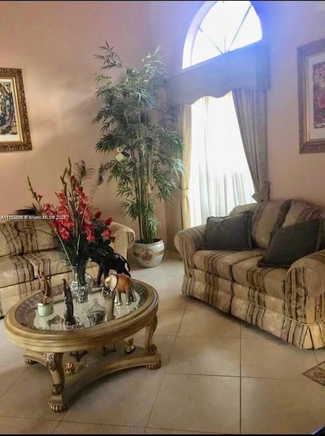 living area featuring tile patterned floors