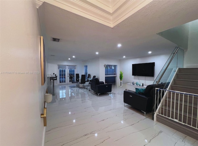 living room with visible vents, recessed lighting, stairs, french doors, and marble finish floor