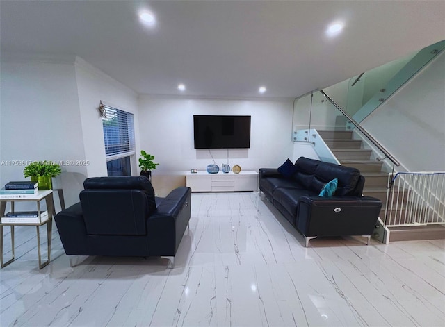 living room featuring stairs, crown molding, recessed lighting, and marble finish floor