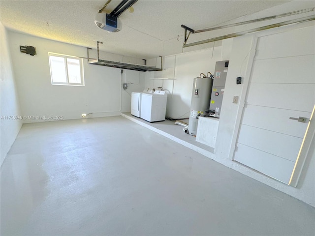 garage with heating unit, a garage door opener, separate washer and dryer, and water heater