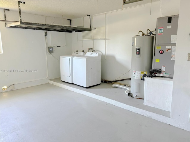 interior space with washer and clothes dryer, heating unit, and electric water heater