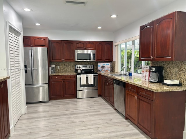 kitchen featuring stainless steel appliances, visible vents, backsplash, light wood-style floors, and a sink