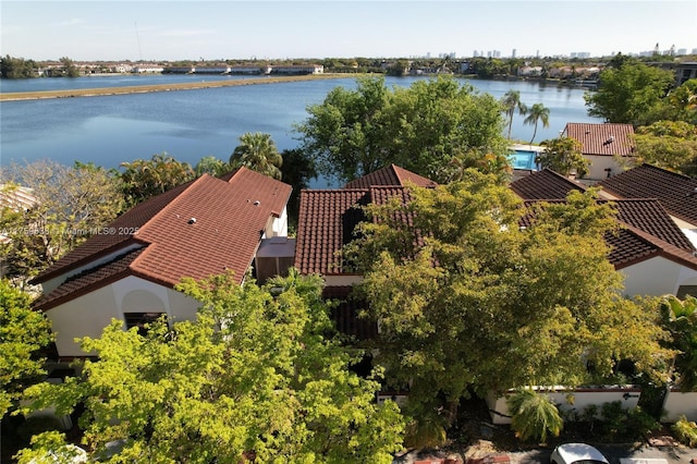 bird's eye view with a water view