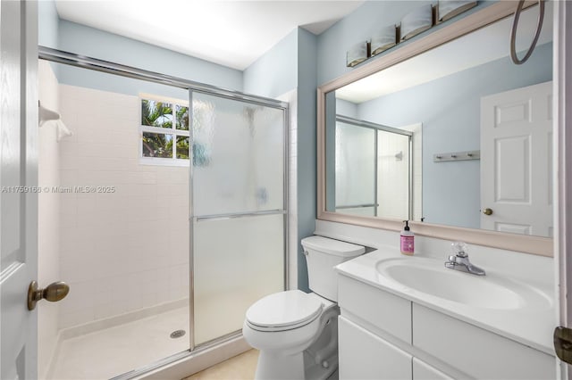 bathroom featuring a stall shower, vanity, and toilet