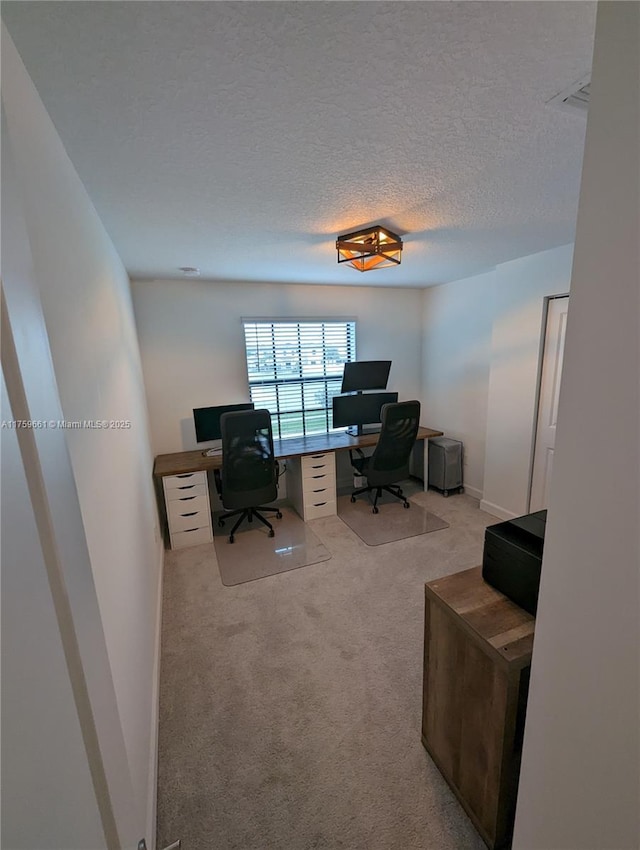 office with light carpet, a textured ceiling, and baseboards