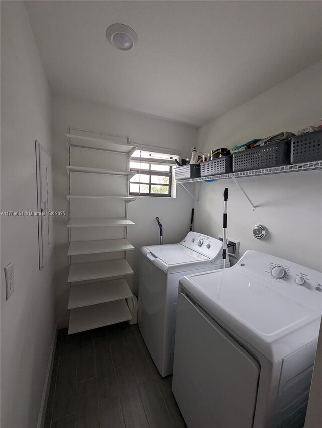 laundry room featuring laundry area, separate washer and dryer, and dark wood-style flooring