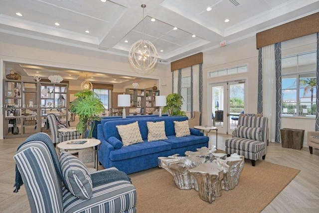 living area with beam ceiling, french doors, a high ceiling, ornamental molding, and coffered ceiling