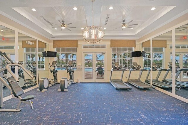 6001 Woods Edge Cir, Riviera Beach, FL 33410 - gym featuring ceiling fan, french doors, carpet floors, ornamental molding, and recessed lighting
