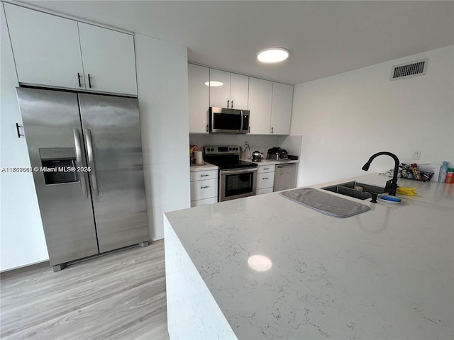 kitchen with light wood-style flooring, stainless steel appliances, a sink, visible vents, and white cabinets