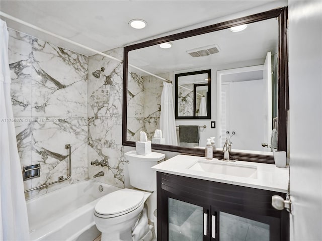 full bathroom featuring recessed lighting, visible vents, toilet, shower / bath combo, and vanity