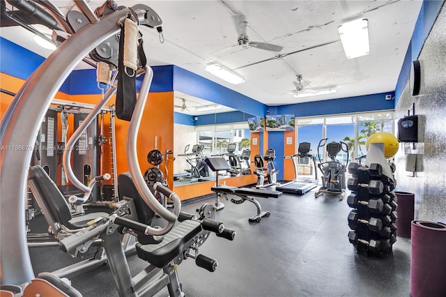 gym featuring a ceiling fan and a healthy amount of sunlight