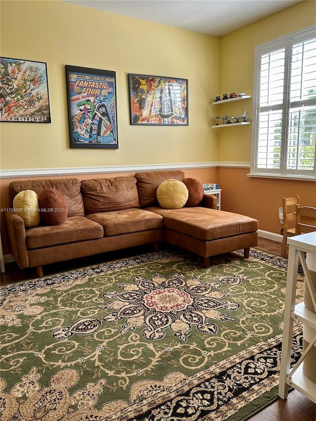 living room with wood finished floors, baseboards, and a textured ceiling