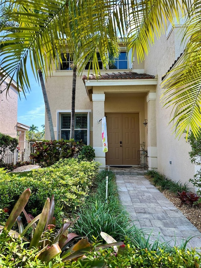 doorway to property featuring stucco siding and fence