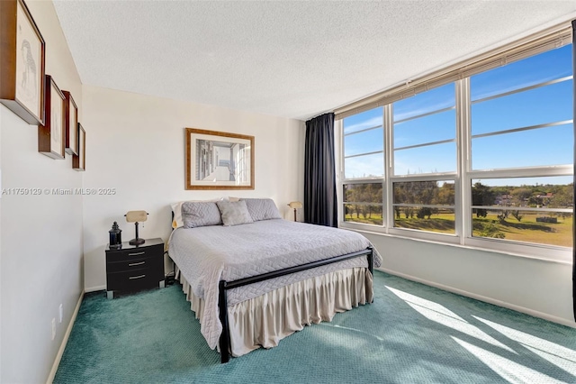 bedroom with a textured ceiling, carpet floors, and baseboards