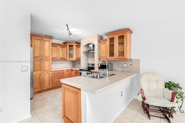 kitchen with stainless steel appliances, light countertops, backsplash, a peninsula, and wall chimney exhaust hood