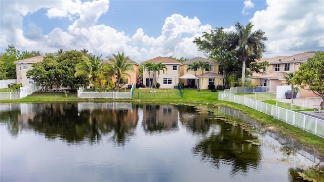 property view of water featuring a residential view and fence