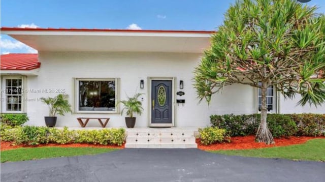 doorway to property featuring stucco siding