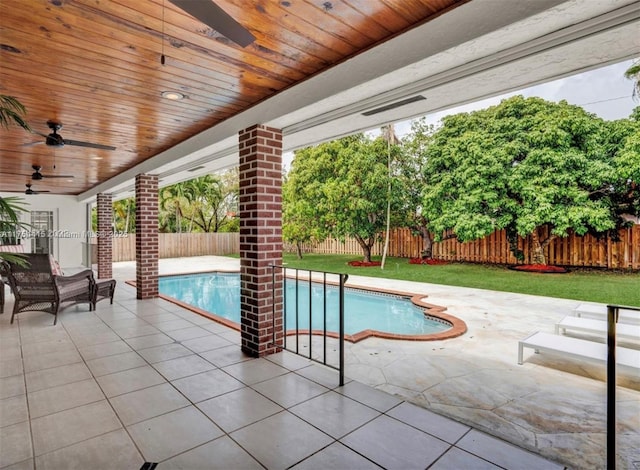 view of swimming pool featuring ceiling fan, a patio, a fenced backyard, and a fenced in pool