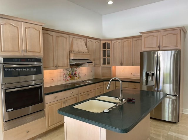 15030 SW 89th Ave, Palmetto Bay, FL 33176 - kitchen featuring dark countertops, backsplash, light brown cabinets, and appliances with stainless steel finishes