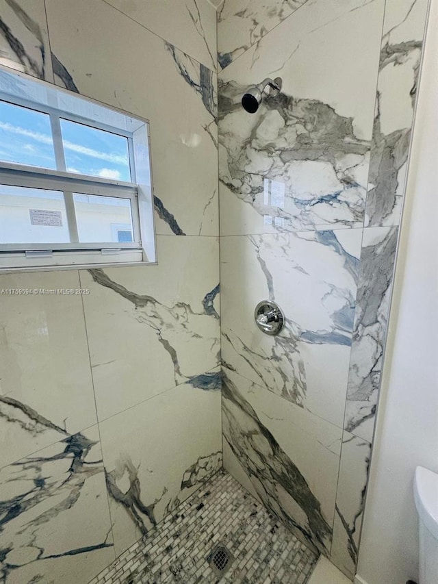 bathroom featuring toilet and a marble finish shower