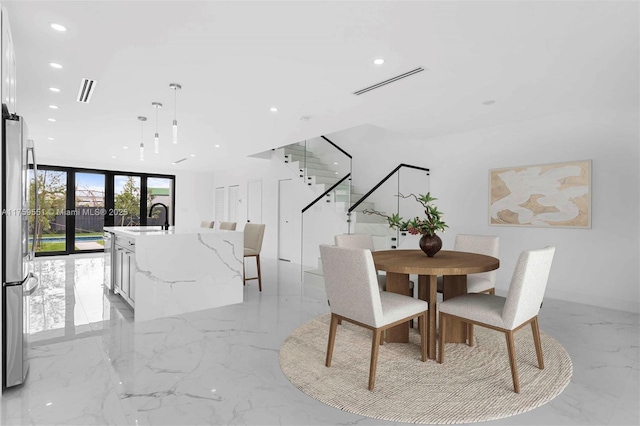 dining room featuring stairs, marble finish floor, visible vents, and recessed lighting