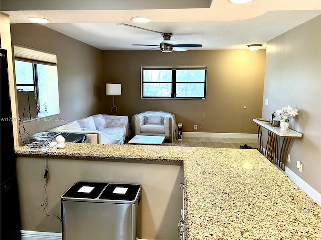 living area featuring a ceiling fan and baseboards