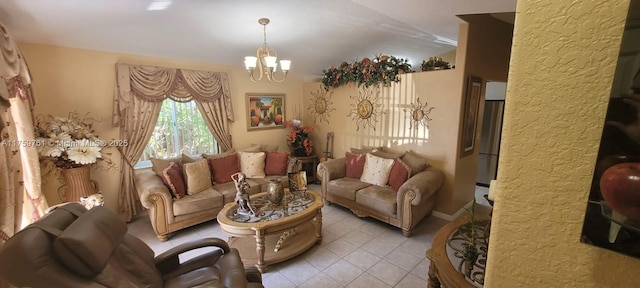 living area with light tile patterned floors, a chandelier, and vaulted ceiling