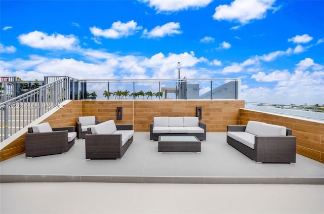 view of patio featuring stairs and outdoor lounge area