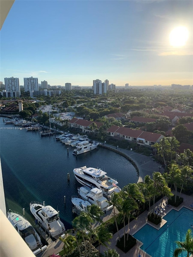 bird's eye view with a view of city and a water view