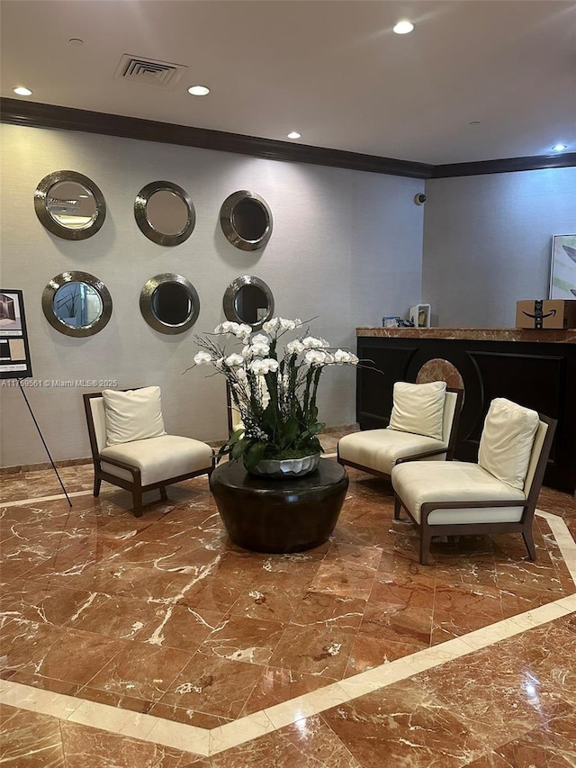 3610 Yacht Club Dr Unit 1510, Aventura, FL 33180 - living area featuring marble finish floor, ornamental molding, visible vents, and recessed lighting