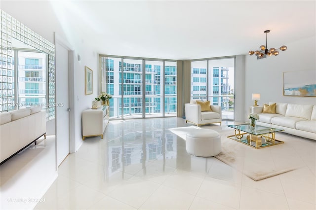 tiled living room with floor to ceiling windows and a chandelier