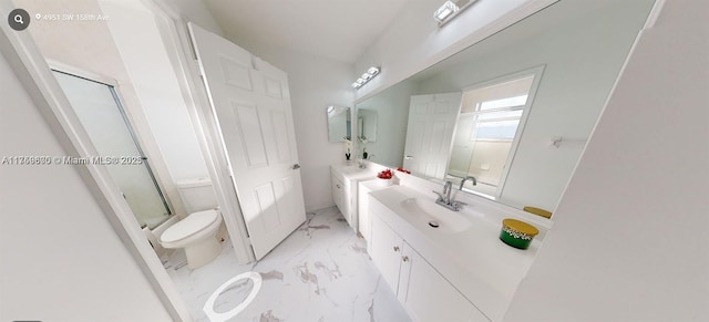 full bath featuring toilet, marble finish floor, a shower stall, and vanity