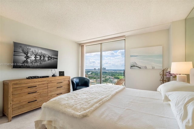 bedroom featuring light carpet, access to outside, expansive windows, and a textured ceiling
