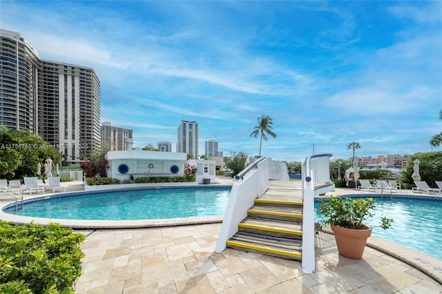 community pool with a patio and a city view