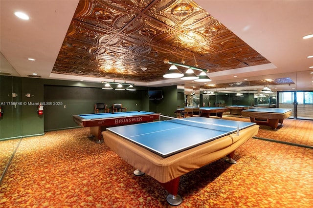 game room featuring an ornate ceiling, recessed lighting, a raised ceiling, and pool table