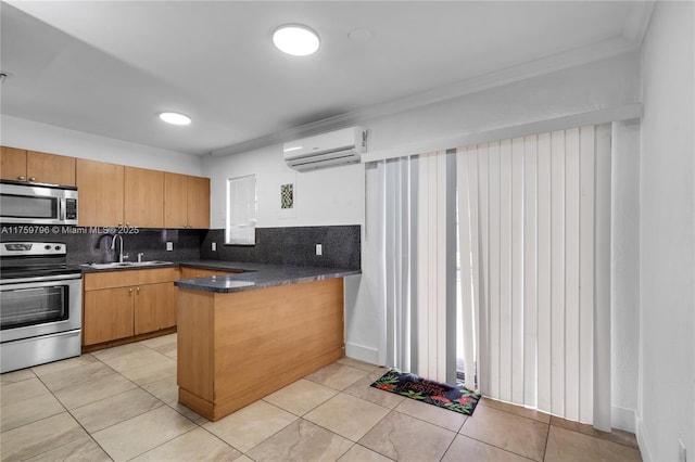 2810 NW 171st Ter, Miami Gardens, FL 33056 - kitchen featuring stainless steel appliances, a wall mounted AC, dark countertops, a peninsula, and ornamental molding